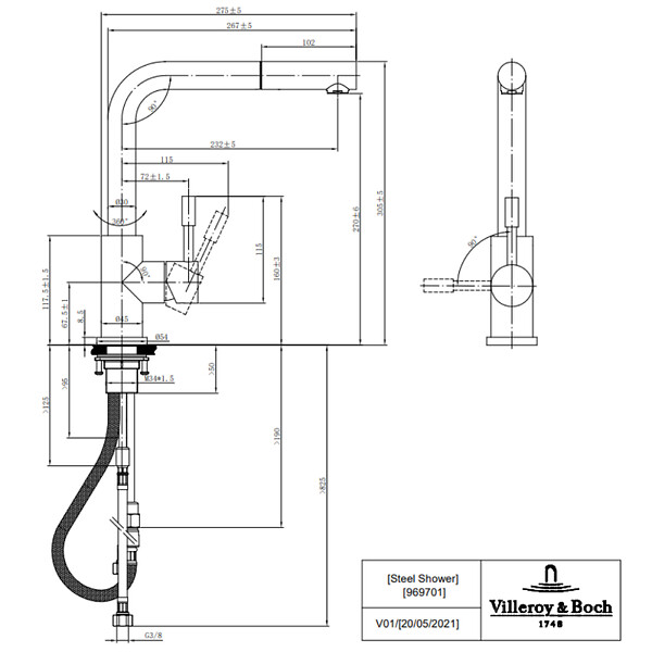 VILLEROY ET BOCH - Robinet cuisine  Steel Shower anthracite + nettoyant - large