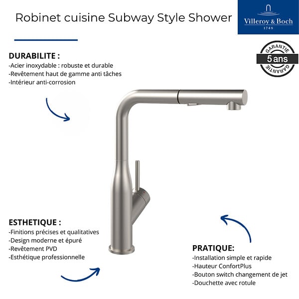 VILLEROY ET BOCH - Robinet cuisine  Subway Style Shower acier massif - large
