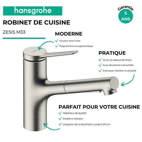 HANSGROHE - Robinet de cuisine avec douchette Zesis M33 150 2 jets aspect acier inox - large