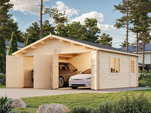 PALMAKO - Garage Roger en bois naturel ép.44 mm et porte en bois - Palmako - 36,8 m² - large