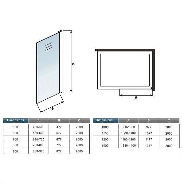 AICA SANITAIRE - AICA paroi de douche à l'italienne 90x200cm Modèle Brume, avec barre de stabilisation 90cm en carré Paroi latérale fixe en 8mm verre de sécurité - large