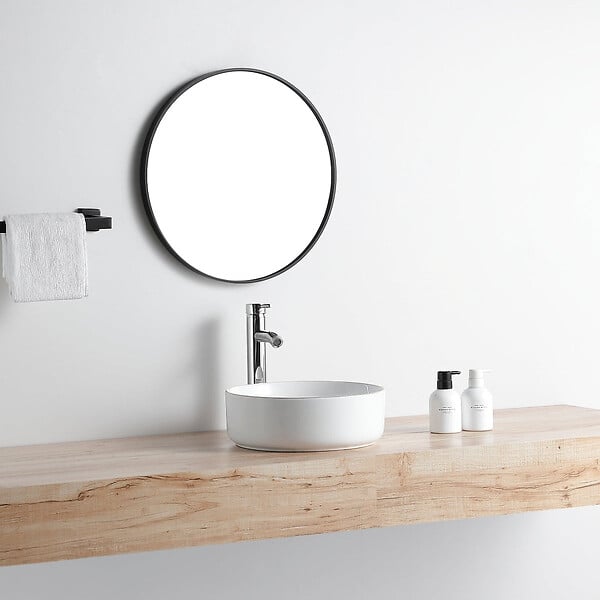 STANO - Vasque à poser ronde en céramique MENDOZA 6 coloris Ø36 cm Blanc mat liseré doré - large