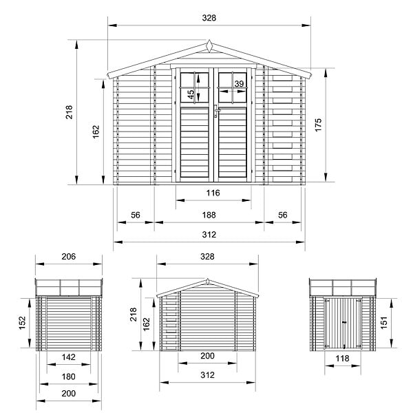 TIMBELA - Abri de jardin en bois et range bûches extérieur - Stockage extérieur I206xL328xH218 cm/ 3,53 + 0,97+0,97 m2 - M389F - large