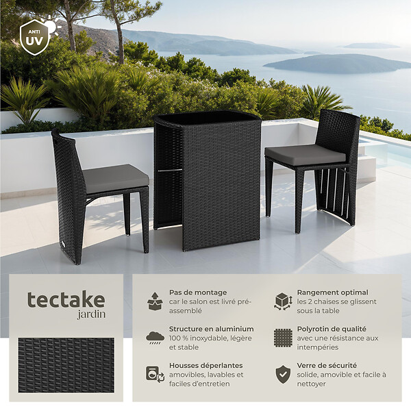 TECTAKE - Salon de jardin HAMBOURG 2 places en aluminium noir - large