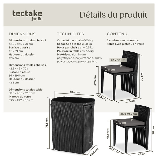 TECTAKE - Salon de jardin HAMBOURG 2 places en aluminium noir - large