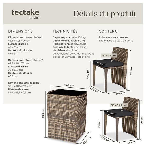 TECTAKE - Salon de jardin HAMBOURG 2 places en aluminium marron naturel - large