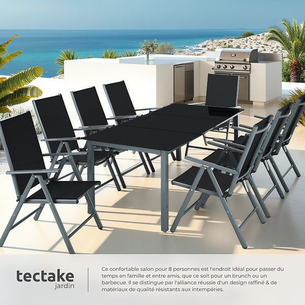 TECTAKE - Ensemble salon de jardin 8 pièces aluminium gris anthracite piètement thermolaqué plateau verre massif chaises pliantes inclinables 189x90x72,7 cm - large
