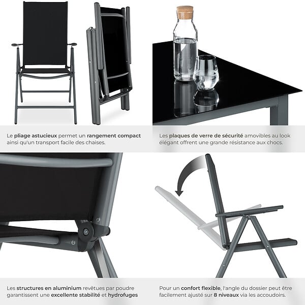 TECTAKE - Ensemble salon de jardin 8 pièces aluminium gris anthracite piètement thermolaqué plateau verre massif chaises pliantes inclinables 189x90x72,7 cm - large