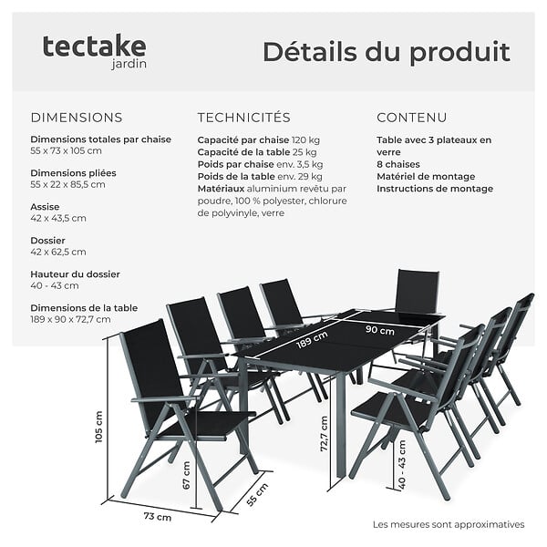 TECTAKE - Ensemble salon de jardin 8 pièces aluminium gris anthracite piètement thermolaqué plateau verre massif chaises pliantes inclinables 189x90x72,7 cm - large