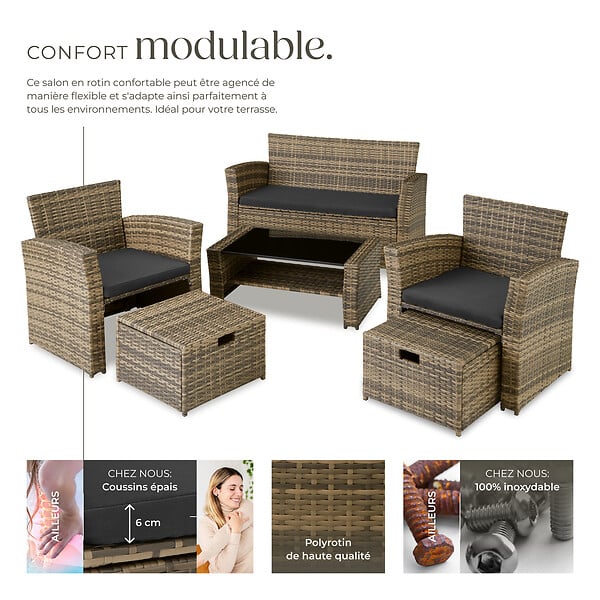TECTAKE - Salon de jardin résine tressée naturel ensemble mobilier extérieur avec housse - large