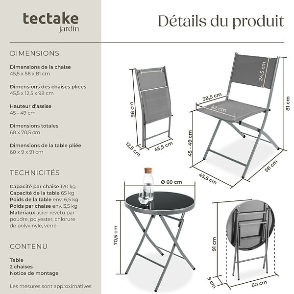 TECTAKE - Ensemble table et chaises de jardin DUSSELDORF gris - large