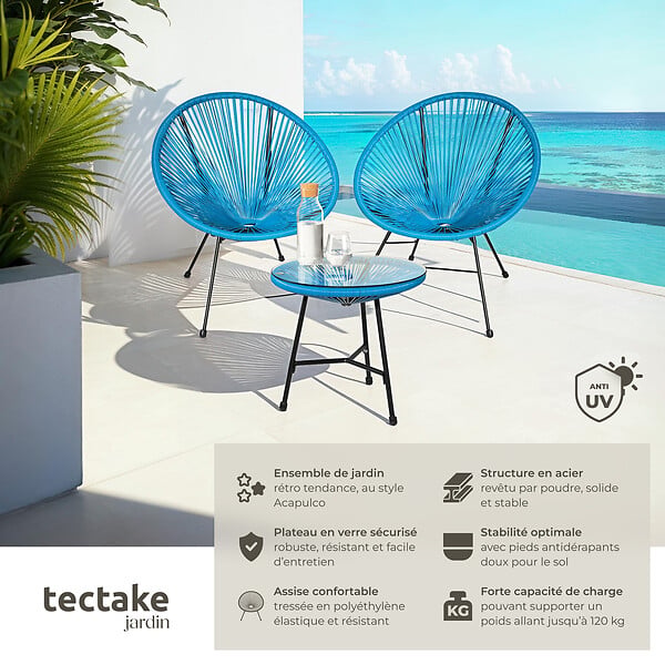 TECTAKE - Ensemble table et chaises de jardin Santana bleu - large