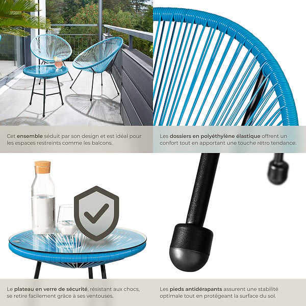 TECTAKE - Ensemble table et chaises de jardin Santana bleu - large