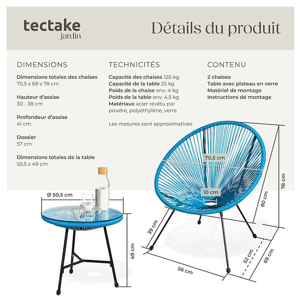 TECTAKE - Ensemble table et chaises de jardin Santana bleu - large