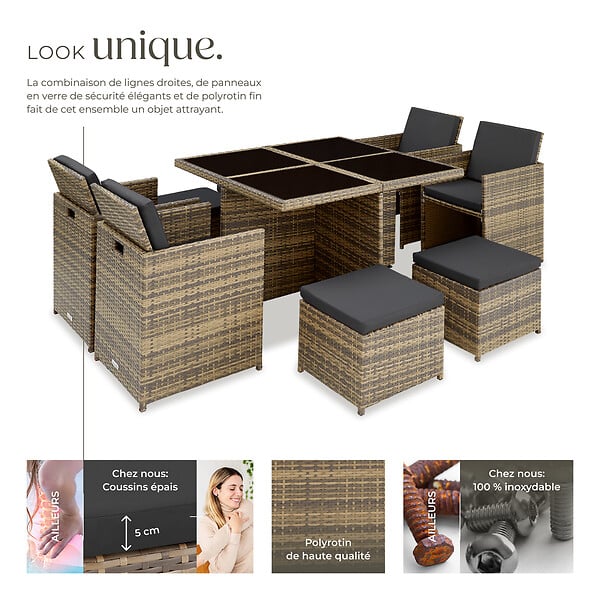 TECTAKE - Salon de jardin MANHATTAN 8 places avec 2 sets de housses + housse de protection, variante 2 marron naturel - large