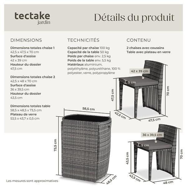 TECTAKE - Salon de jardin HAMBOURG 2 places en aluminium gris - large