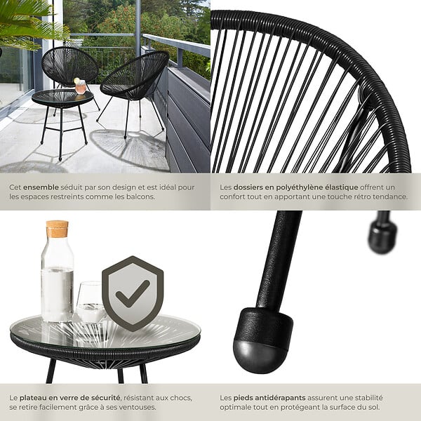 TECTAKE - Ensemble table et chaises de jardin Santana noir - large