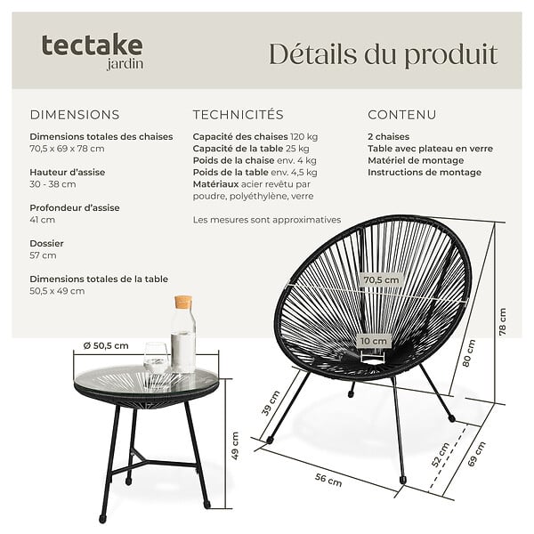 TECTAKE - Ensemble table et chaises de jardin Santana noir - large