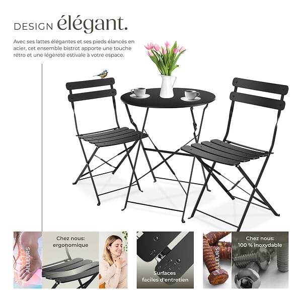 TECTAKE - Ensemble table et chaises bistrot Frieda, pliable pour 2 personnes noir - large
