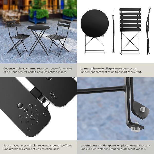TECTAKE - Ensemble table et chaises bistrot Frieda, pliable pour 2 personnes noir - large