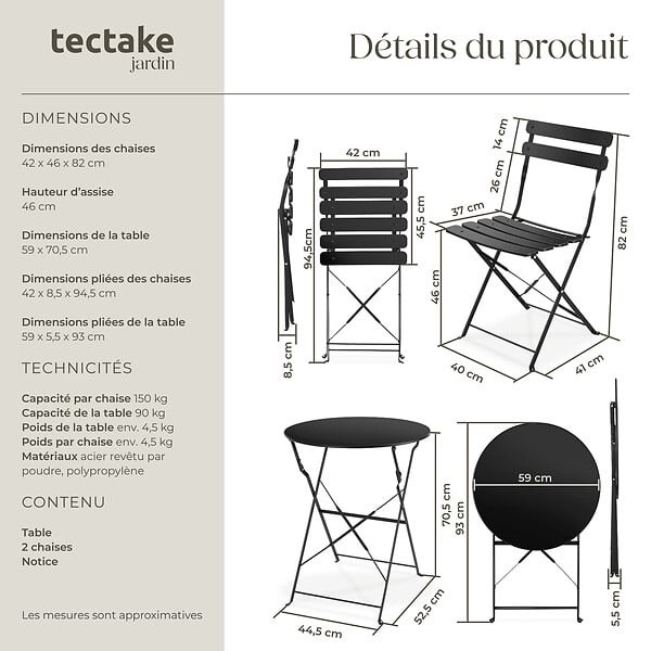 TECTAKE - Ensemble table et chaises bistrot Frieda, pliable pour 2 personnes noir - large
