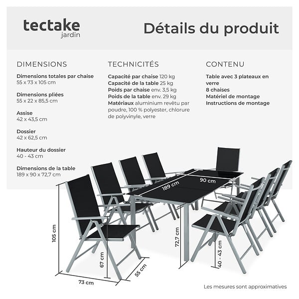 TECTAKE - Ensemble de sièges en aluminium 8+1 argent - large