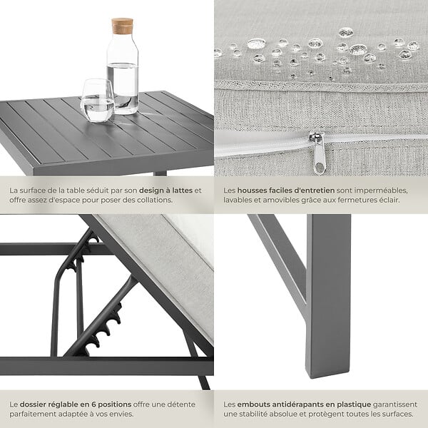 TECTAKE - Ensemble salon de jardin aluminium 2 pieces gris coussins epais dossier reglable table 59 x 59 x 34,5 cm - large
