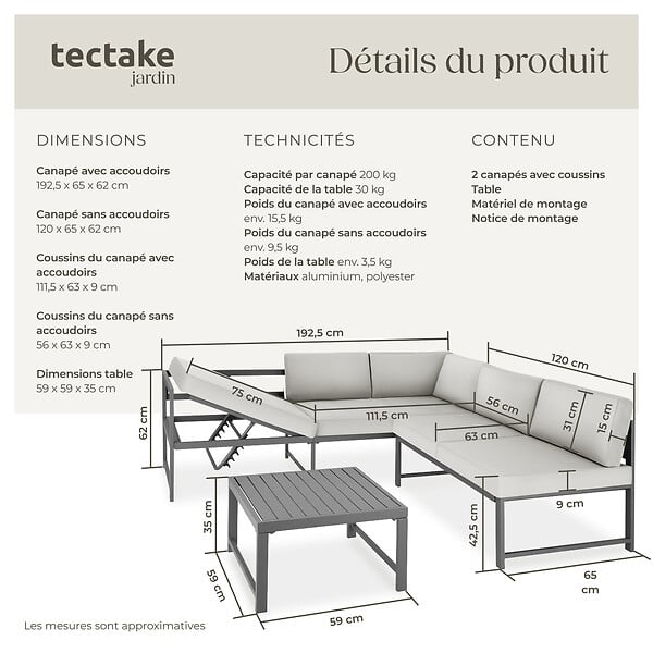 TECTAKE - Ensemble salon de jardin aluminium 2 pieces gris coussins epais dossier reglable table 59 x 59 x 34,5 cm - large
