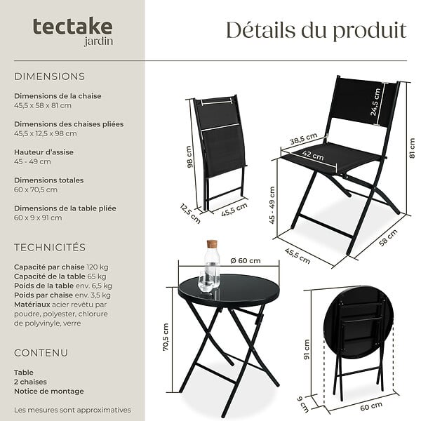 TECTAKE - Ensemble table et chaises de jardin DUSSELDORF noir - large