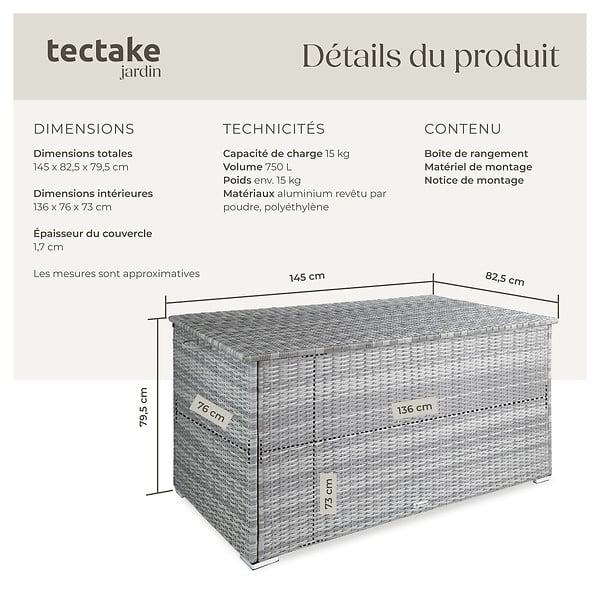 TECTAKE - Coffre de jardin Oslo structure en aluminium 145x82,5x79,5cm gris clair - large