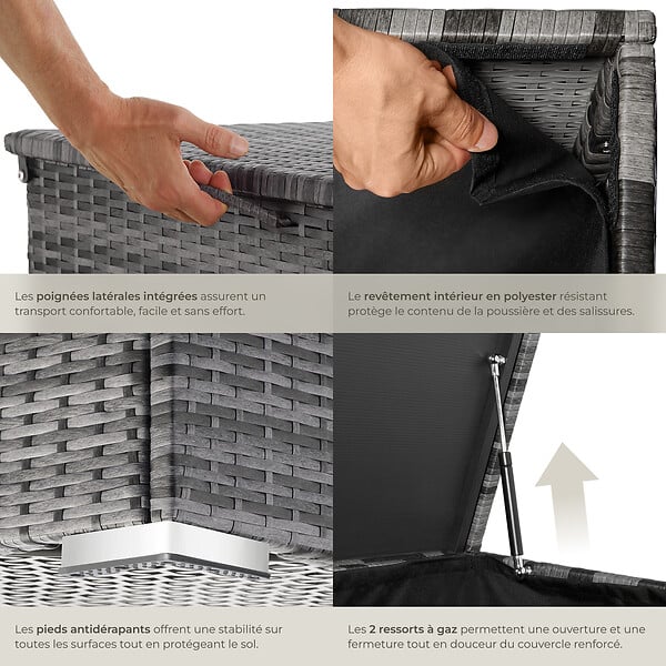 TECTAKE - Coffre de jardin structure en aluminium 145x82,5x79,5cm gris 750L et tressage en rotin - large