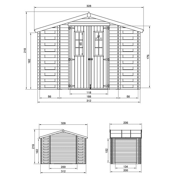 TIMBELA - Abri de jardin en bois et range bûches extérieur AVEC SOL TRAITÉ - extérieur I206xL328xH218 cm/ 3,53 + 0,97+0,97 m2 - M391C+M391G - large