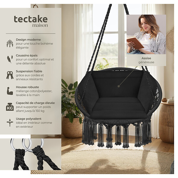 TECTAKE - Fauteuil suspendu GRAZIA noir - large