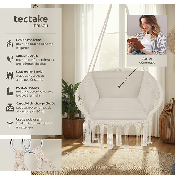 TECTAKE - Fauteuil suspendu GRAZIA beige - large