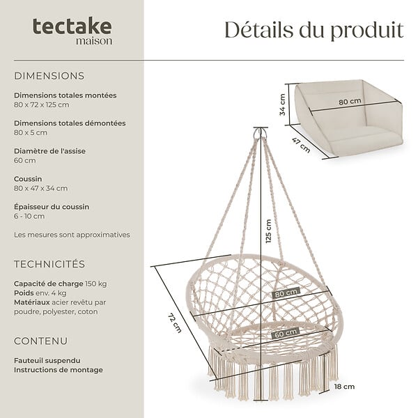 TECTAKE - Fauteuil suspendu GRAZIA beige - large