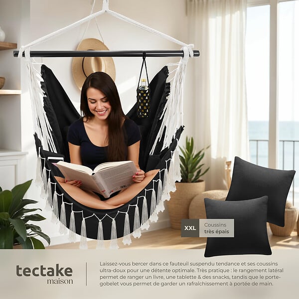 TECTAKE - Fauteuil suspendu Malika, style boho, capacité de charge 150 kg noir - large