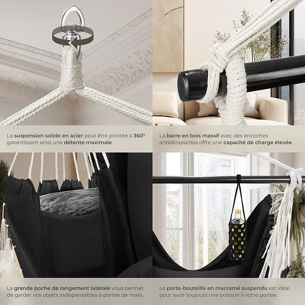 TECTAKE - Fauteuil suspendu Malika, style boho, capacité de charge 150 kg noir - large