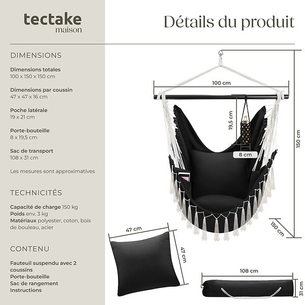 TECTAKE - Fauteuil suspendu Malika, style boho, capacité de charge 150 kg noir - large