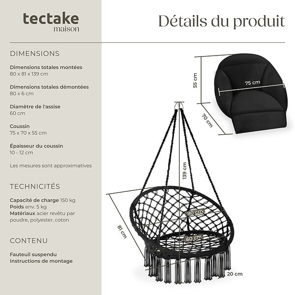 TECTAKE - Fauteuil suspendu Samira noir - large