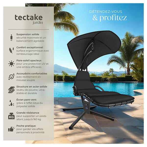 TECTAKE - Fauteuil suspendu Elaria avec pare-soleil et poche latérale noir - large