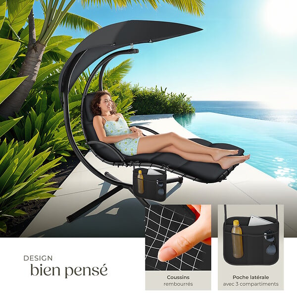 TECTAKE - Fauteuil suspendu Elaria avec pare-soleil et poche latérale noir - large