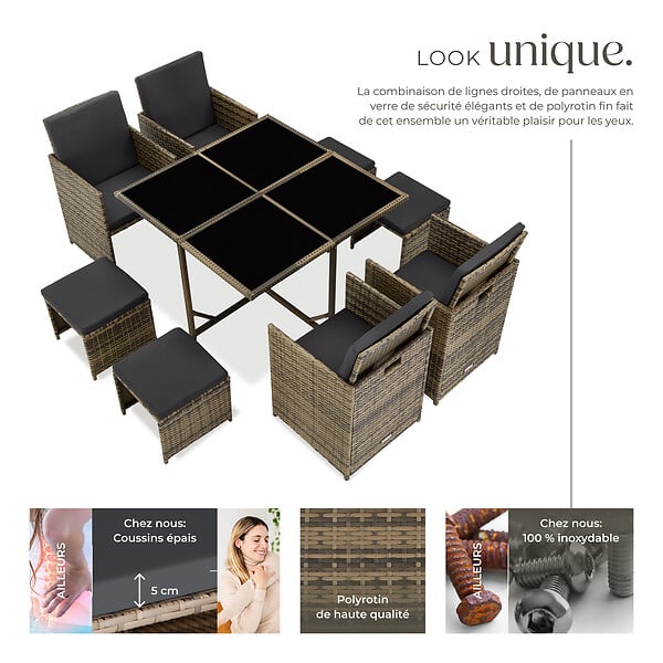 TECTAKE - Salon de jardin résine tressée 8 places marron naturel fauteuils encastrables housse protection - large