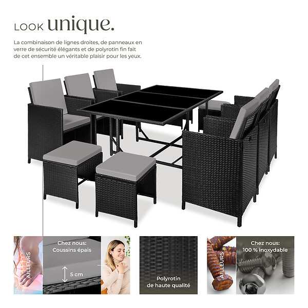 TECTAKE - Salon de jardin MALAGA 10 places avec housse de protection noir/gris - large