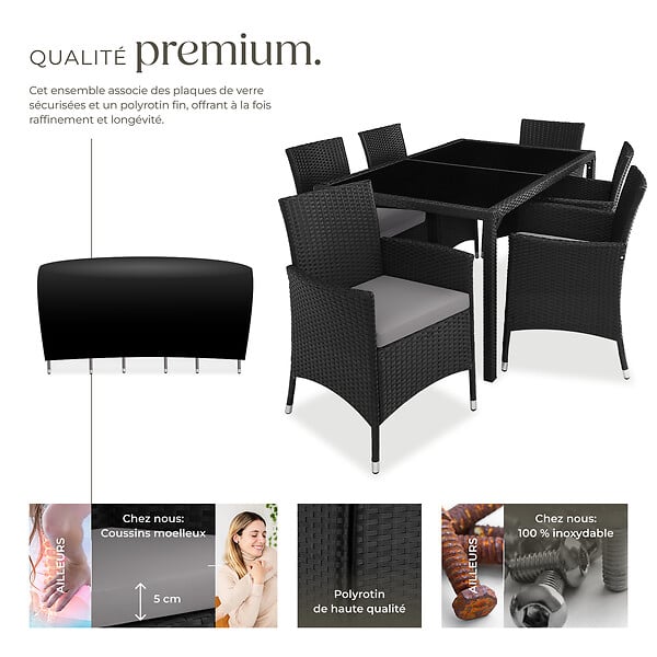 TECTAKE - Salon de jardin 6 places avec housse de protection noir/gris - large