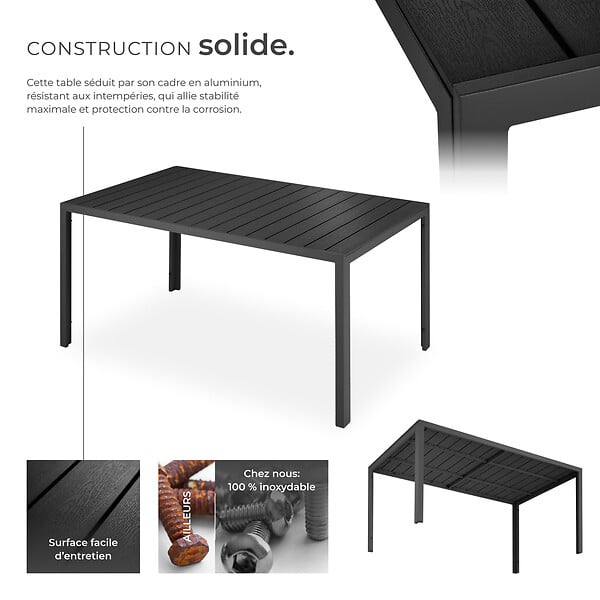 TECTAKE - Table de jardin en aluminium résistante intempéries et UV noir/noir - large