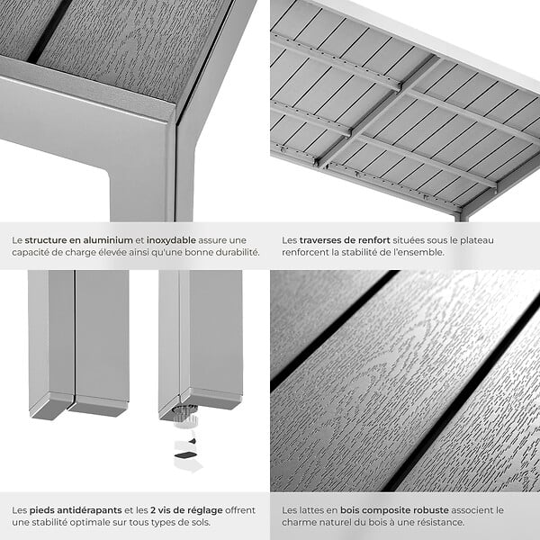 TECTAKE - Table de jardin en aluminium résistante intempéries et UV gris/argent - large