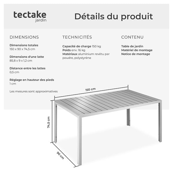 TECTAKE - Table de jardin en aluminium résistante intempéries et UV gris/argent - large