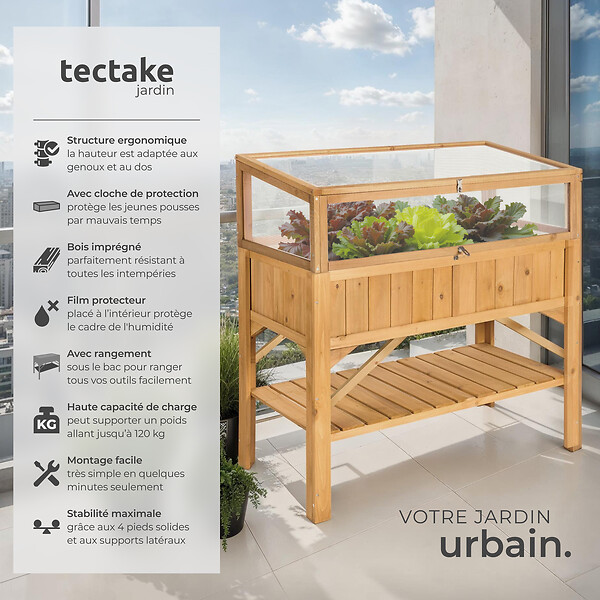 TECTAKE - Carré Potager de jardin sur Pied Surélevé avec étagère + Châssis de jardin 119x57x124cm marron - large