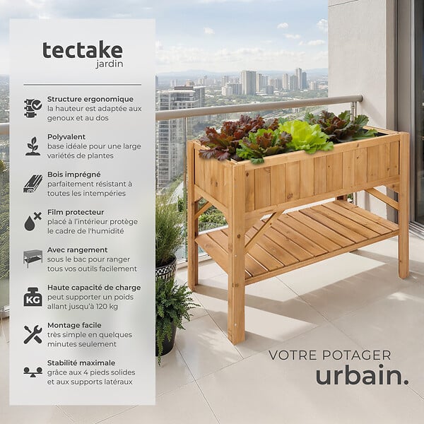 TECTAKE - Potager sur pied en bois de pin marron avec étagère de rangement extérieur 119x57x90 cm - large