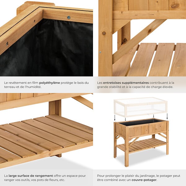 TECTAKE - Potager sur pied en bois de pin marron avec étagère de rangement extérieur 119x57x90 cm - large